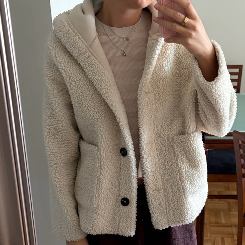 Zara Cream Teddy Jacket with Black Buttons